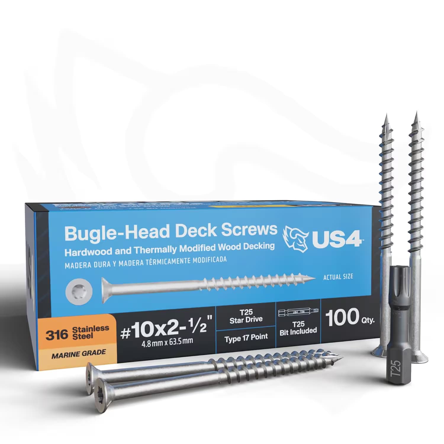 US4 Bugle Head Type 316 Stainless Steel Deck Screws #10x2.5"